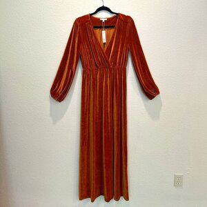 Baltic Born Venus Pleated Maxi Long Sleeve Wrap Dress Velvet Burnt Orange Large
